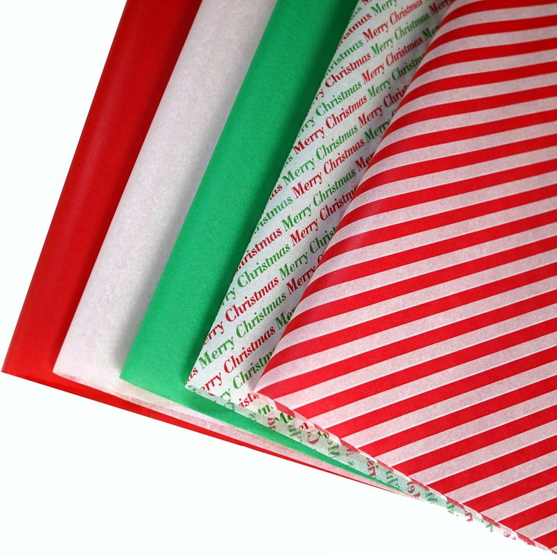 Bobobag 150 Sheets 20"X14" Christmas Tissue Paper for Gift Bags Party Decoration, Red, Green, White, Red Diagonal, Merry Christmas Wrapping Paper - Image 1